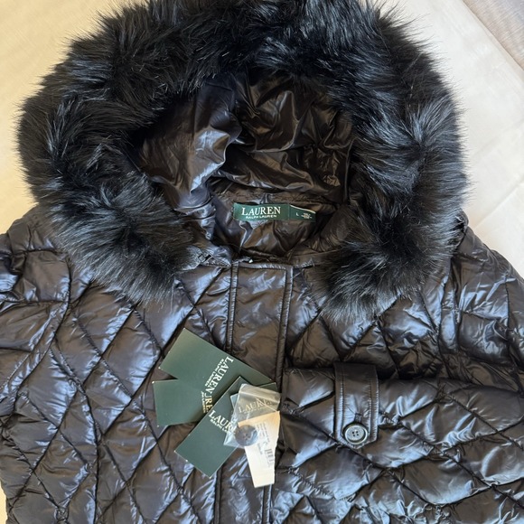 New Lauren Ralph Lauren Womens Large Faux Fur Hood Down Puffer Winter Coat Black
